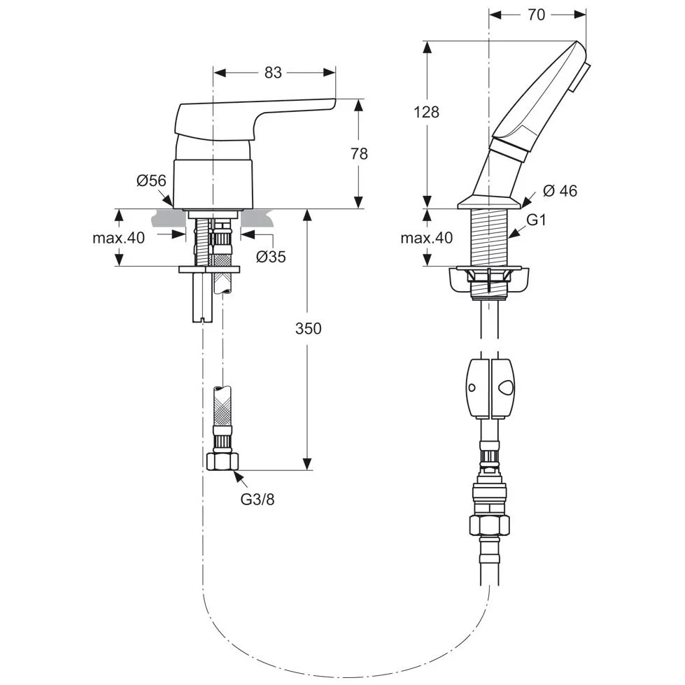 Rysunek techniczny baterii z wymiarami, Ideal Standard