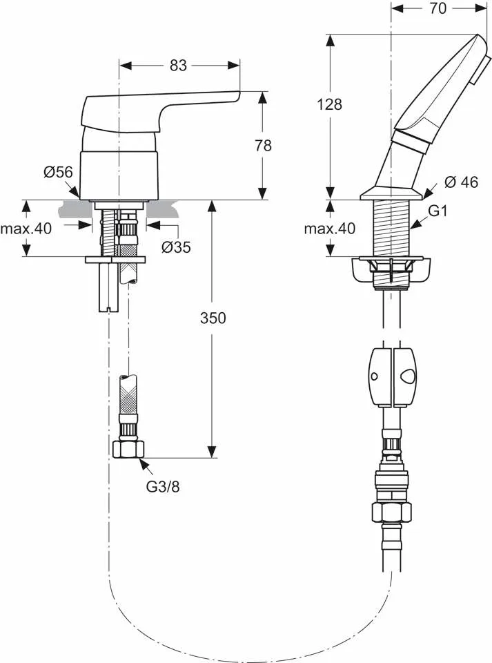 Rysunek techniczny armatury z wymiarami, Ideal Standard