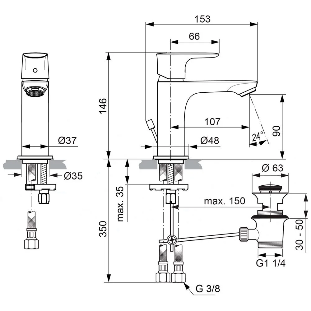 Rysunek techniczny baterii z wymiarami, Ideal Standard