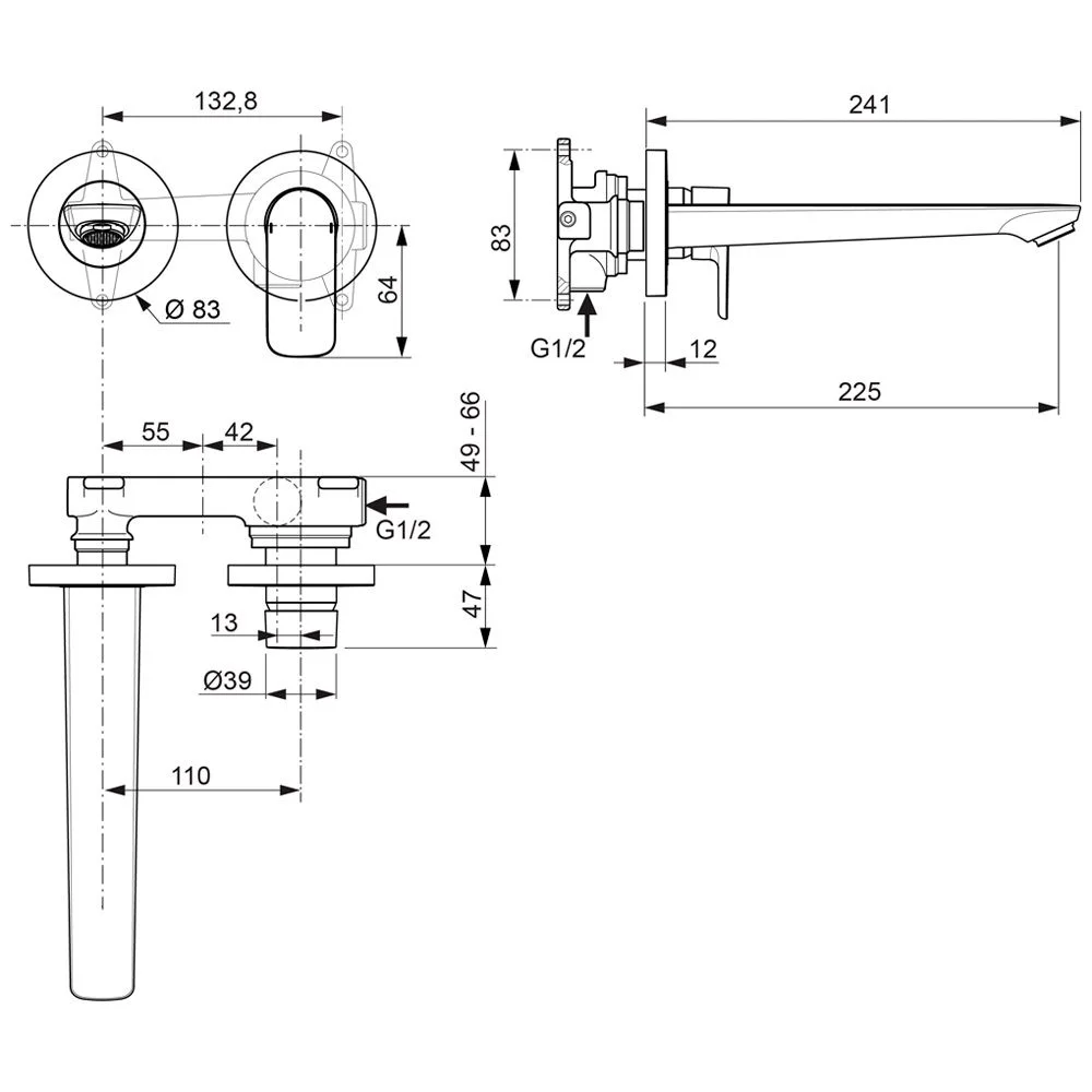 Rysunek techniczny baterii ściennej z wymiarami, Ideal Standard