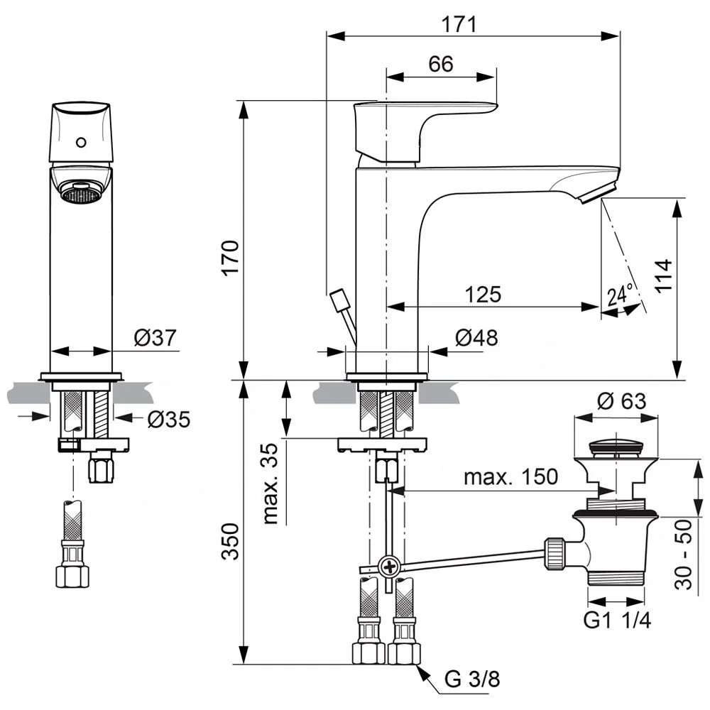 Rysunek techniczny baterii umywalkowej z wymiarami, Ideal Standard