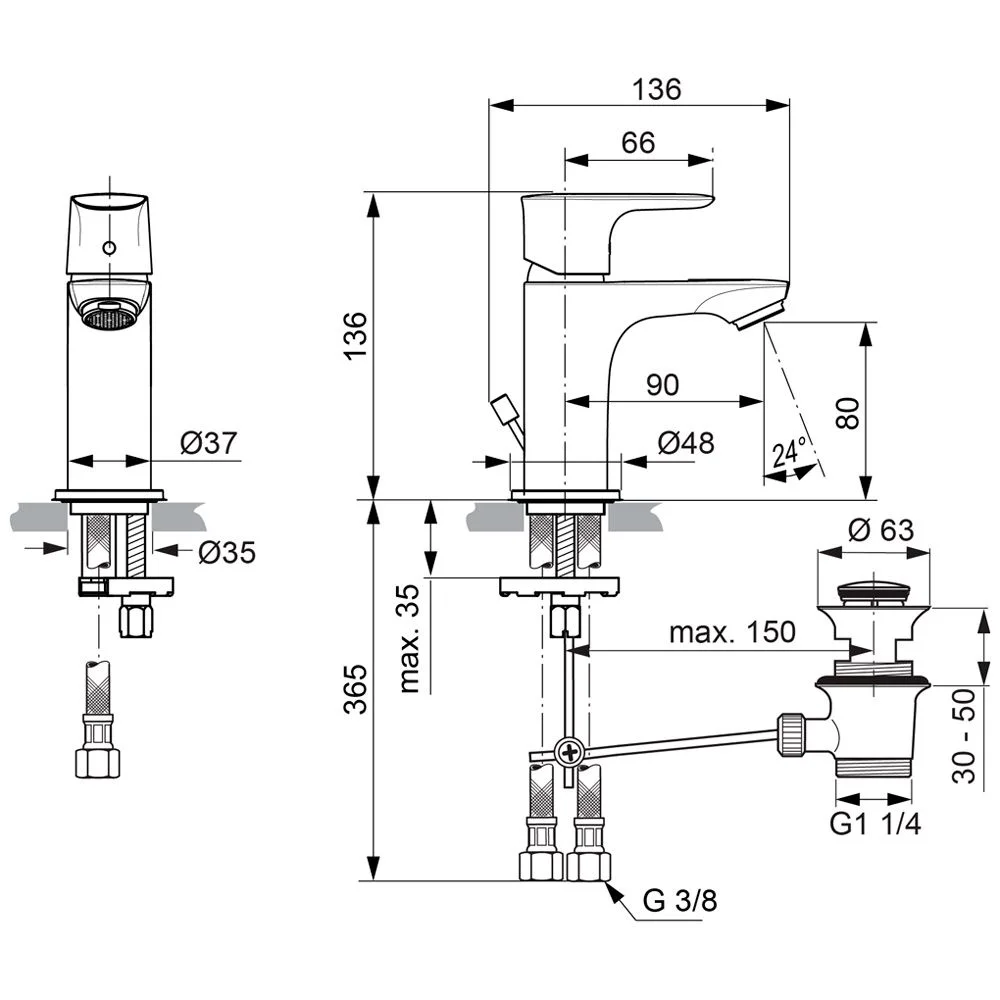Rysunek techniczny baterii z wymiarami, Ideal Standard