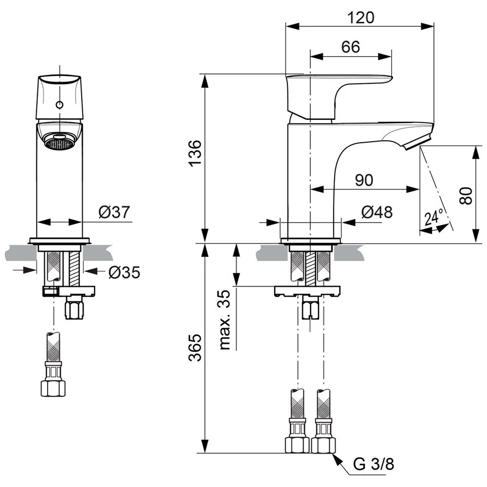 Rysunek techniczny baterii z wymiarami, Ideal Standard