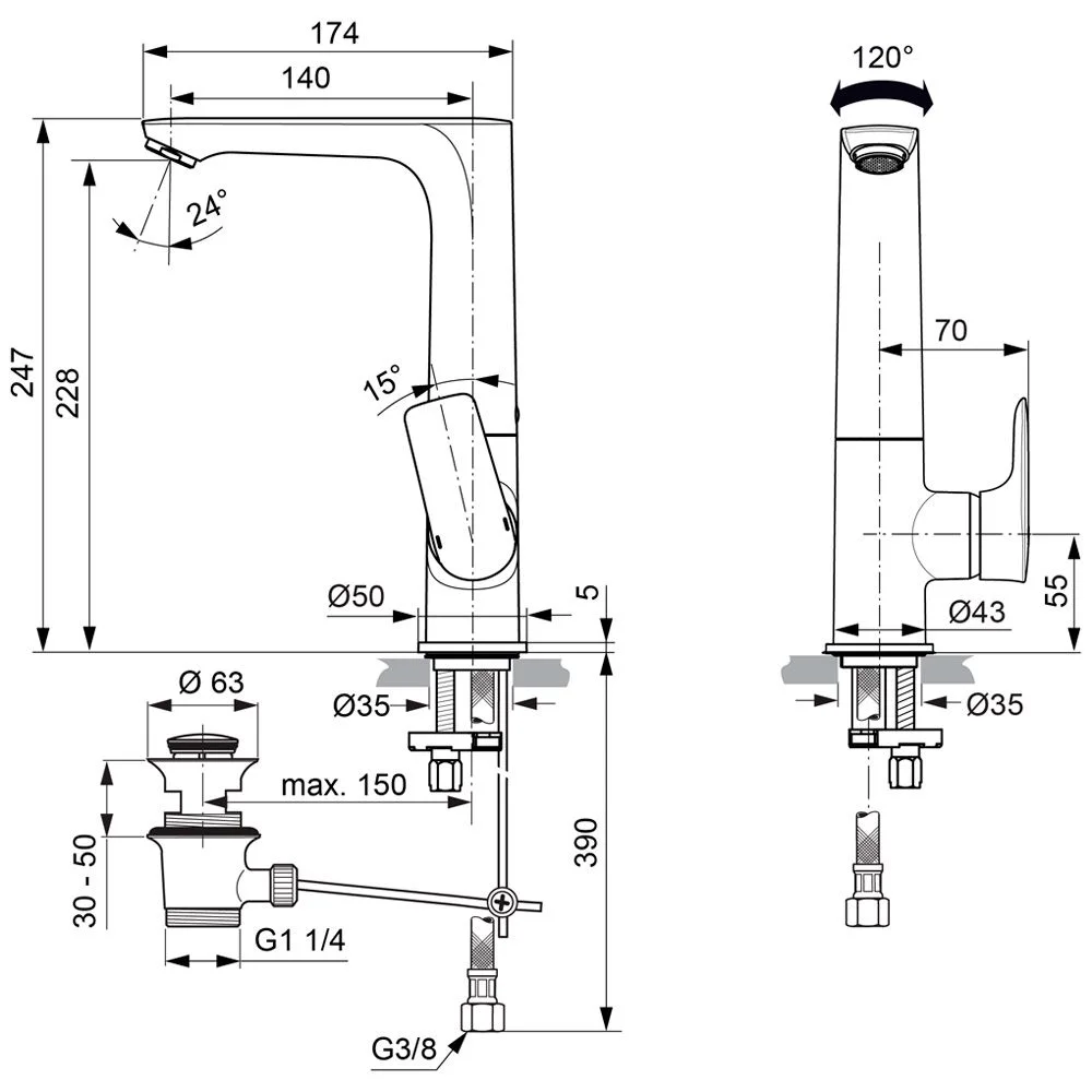 Rysunek techniczny baterii z wymiarami, Ideal Standard