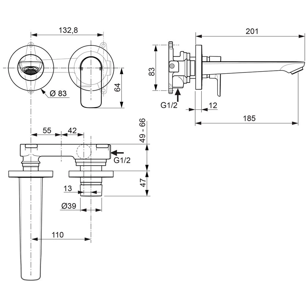 Rysunek techniczny baterii ściennej, Ideal Standard