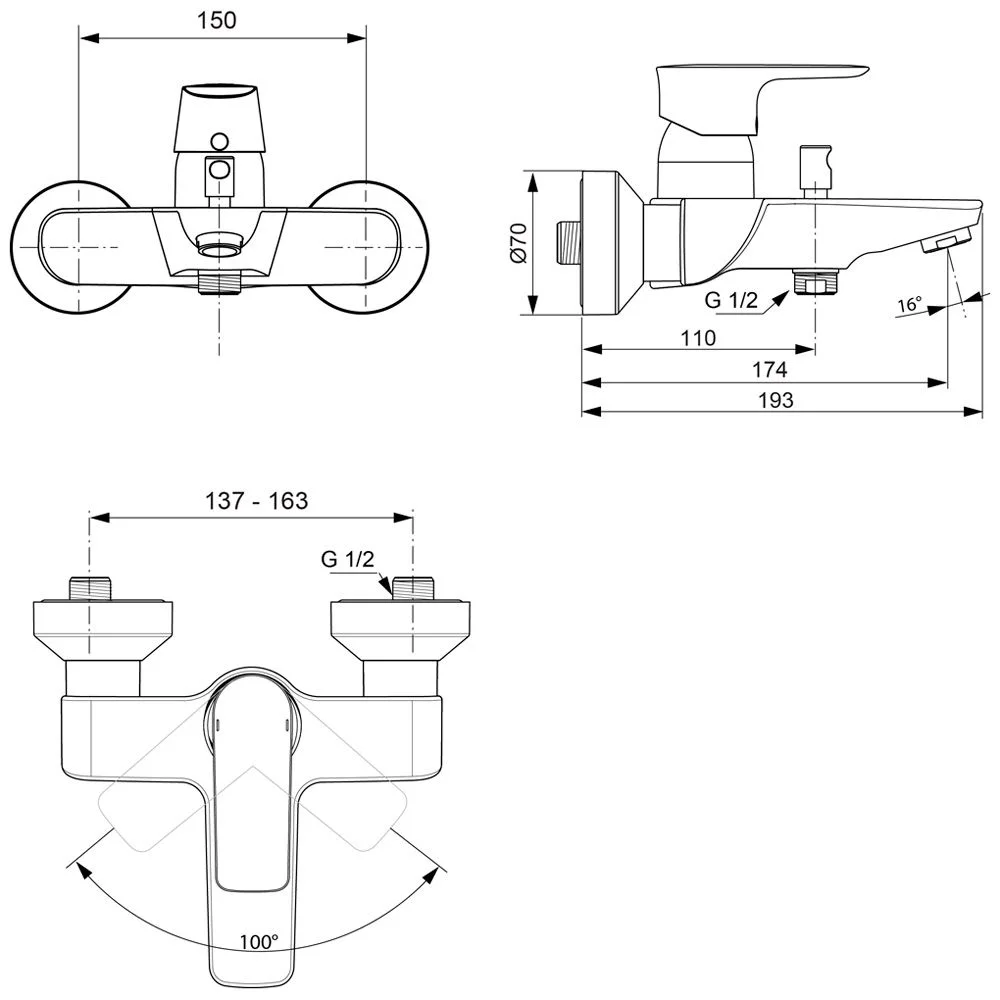 Rysunek techniczny baterii ściennej z dźwignią, Ideal Standard