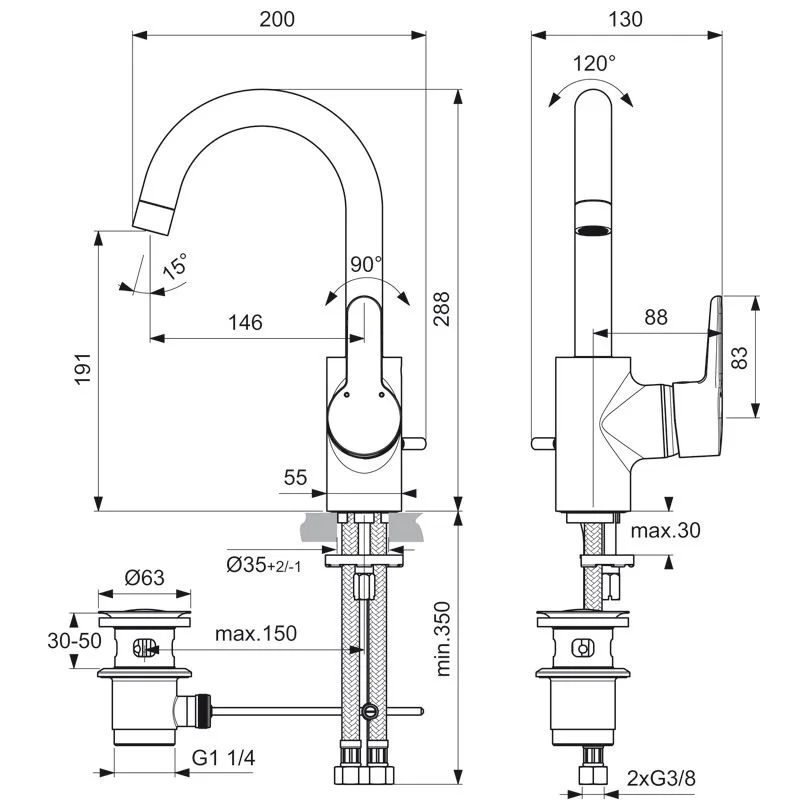 Rysunek techniczny baterii z wymiarami, Ideal Standard