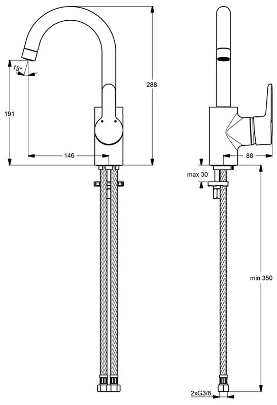 Rysunek techniczny armatury wodnej z wymiarami, Ideal Standard