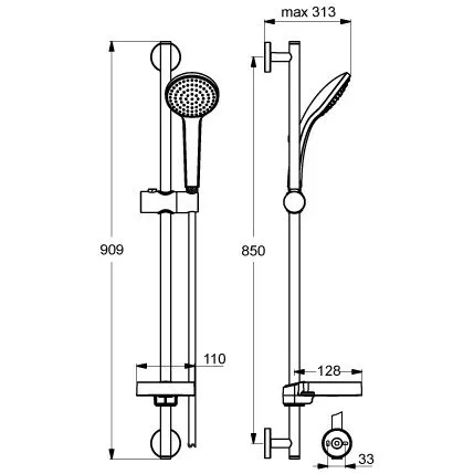 Rysunek techniczny systemu prysznicowego z wymiarami, Ideal Standard