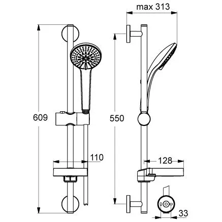 Rysunek techniczny zestawu prysznicowego z wymiarami, Ideal Standard