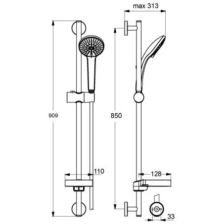 Rysunek techniczny zestawu prysznicowego z wymiarami, Ideal Standard