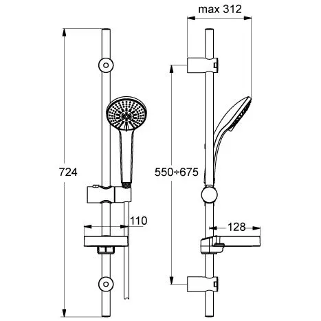 Rysunek techniczny zestawu prysznicowego z wymiarami, Ideal Standard