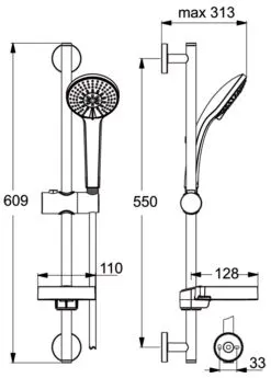 Rysunek techniczny systemu prysznicowego z wymiarami, Ideal Standard