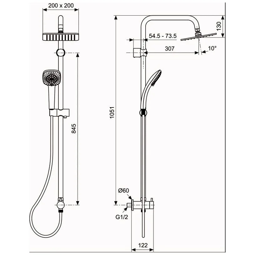 Rysunek techniczny programu prysznicowego z wymiarami, Ideal Standard