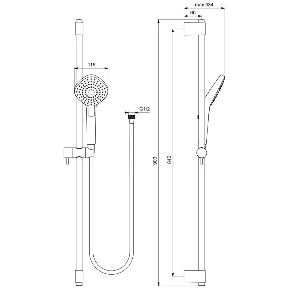 Rysunek techniczny zestawu prysznicowego z wymiarami, Ideal Standard