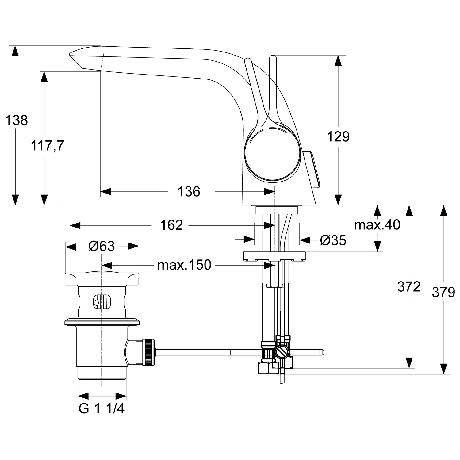 Rysunek techniczny baterii umywalkowej z wymiarami, Ideal Standard