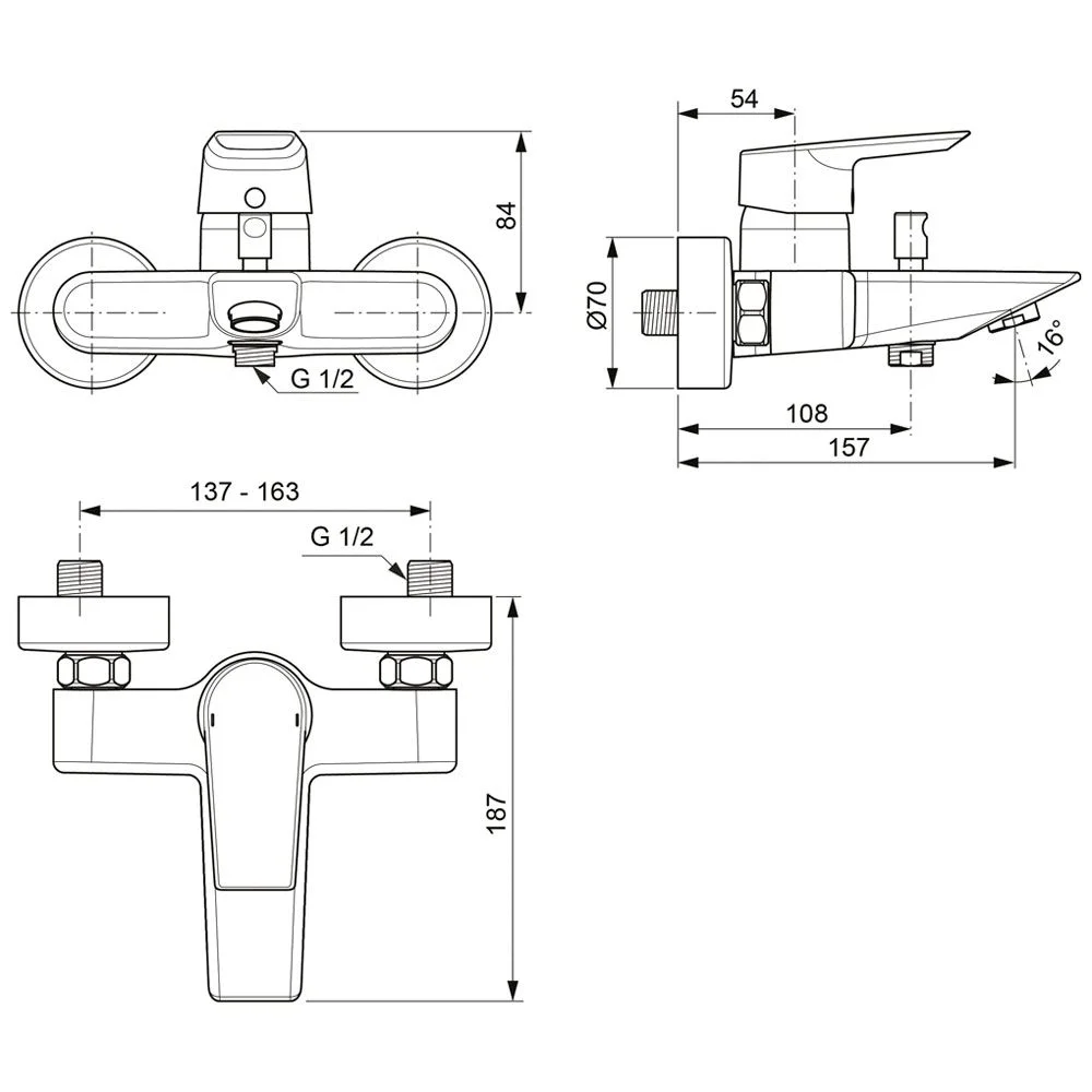 Rysunek techniczny baterii wannowej z wymiarami, Ideal Standard