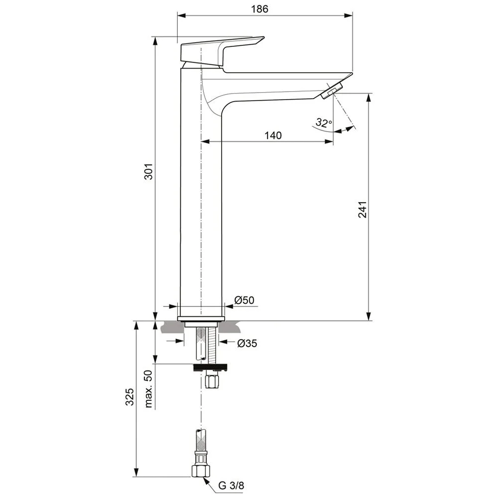 Rysunek techniczny baterii umywalkowej z wymiarami, Ideal Standard