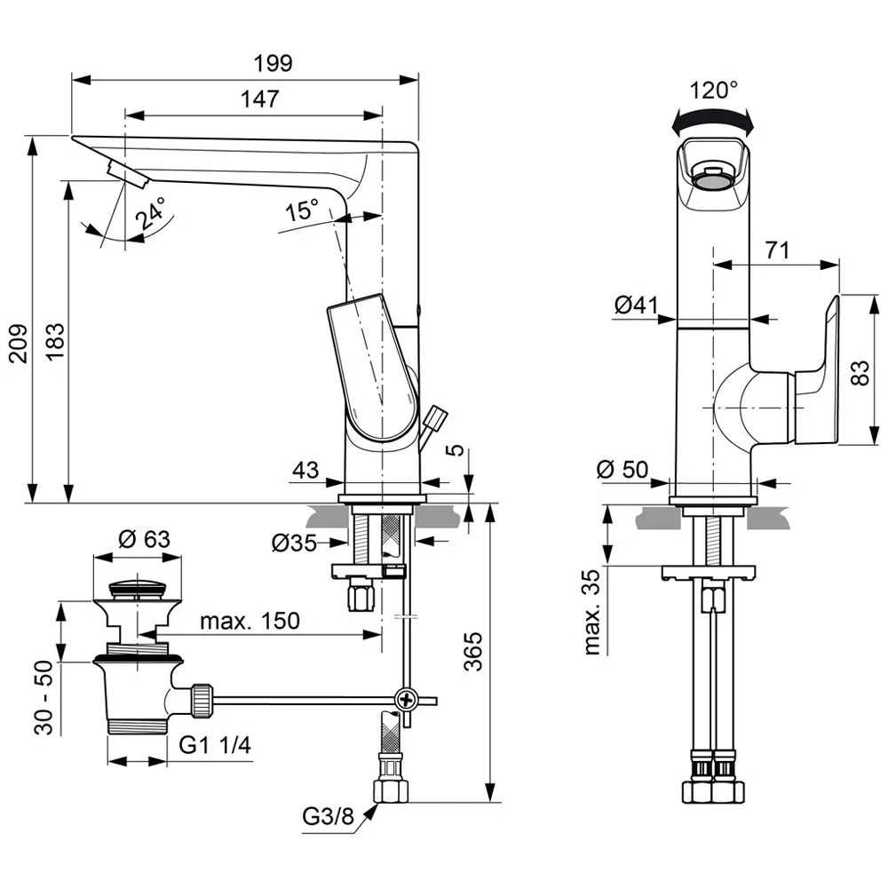 Rysunek techniczny baterii umywalkowej, Ideal Standard
