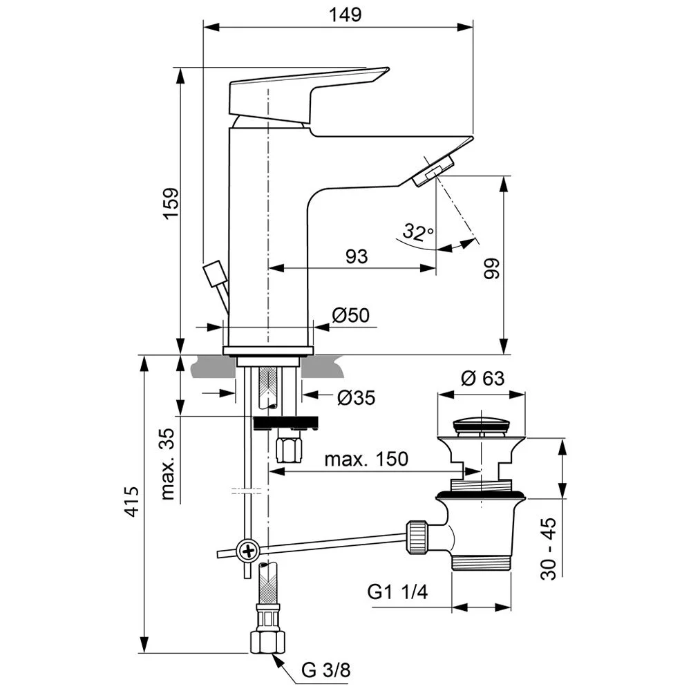 Rysunek techniczny baterii umywalkowej, Ideal Standard