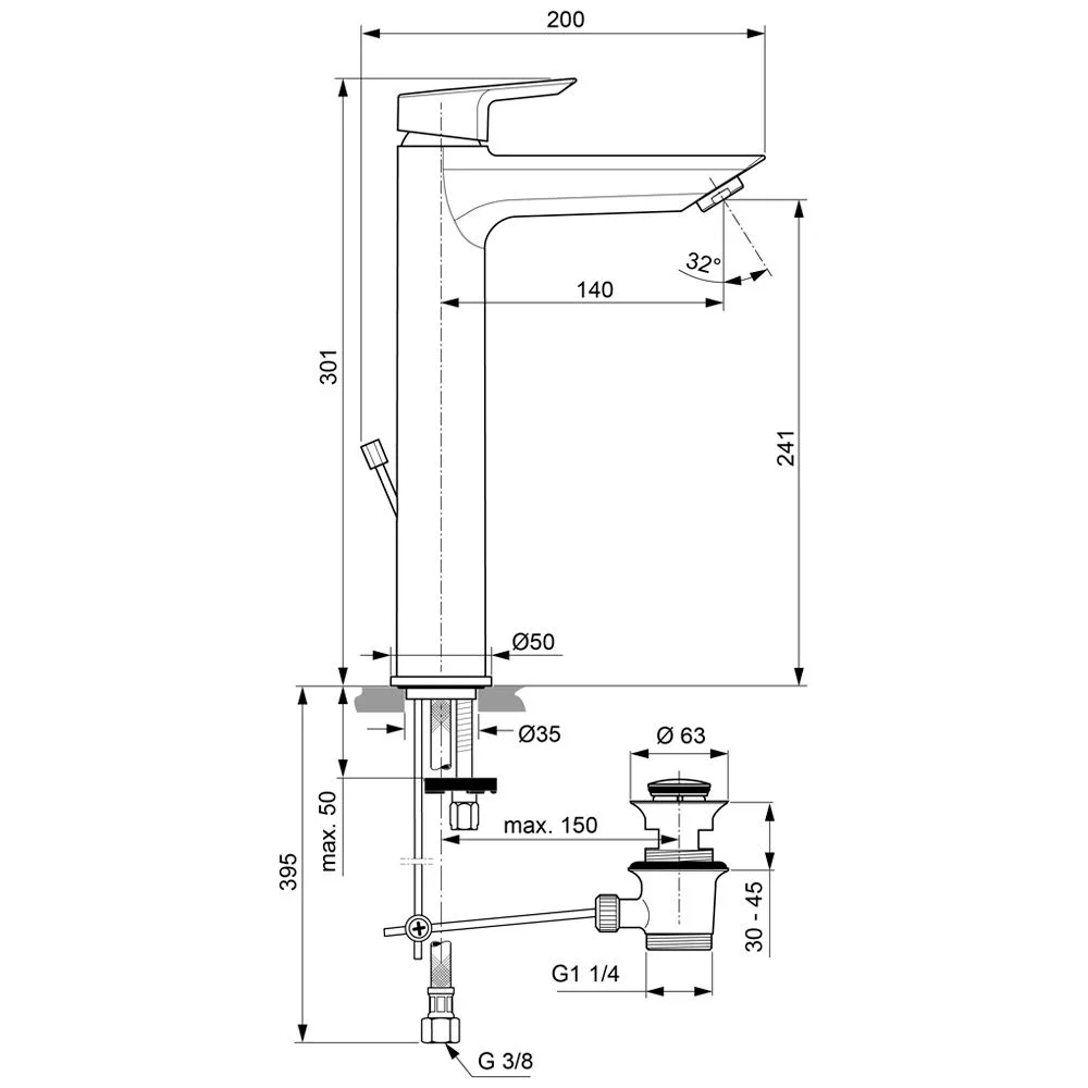 Rysunek techniczny baterii umywalkowej, Ideal Standard
