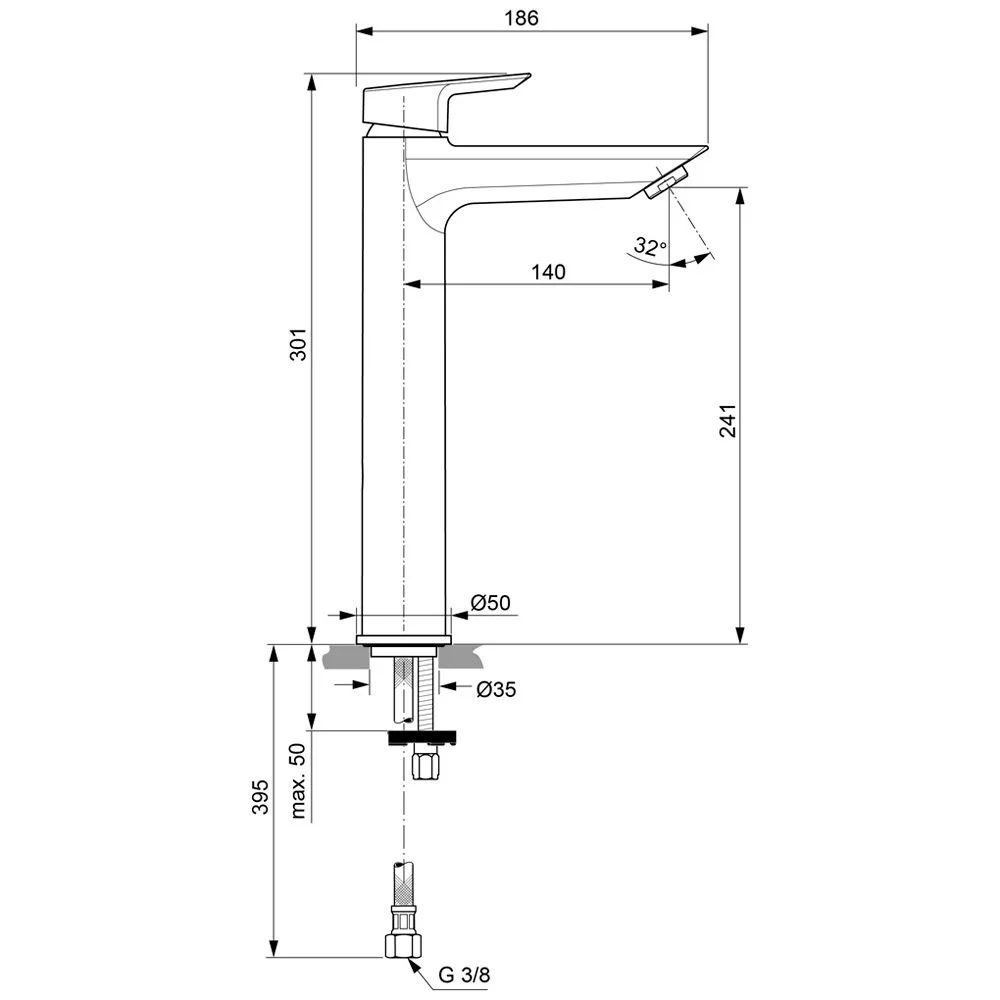Rysunek techniczny baterii umywalkowej z wymiarami, Ideal Standard