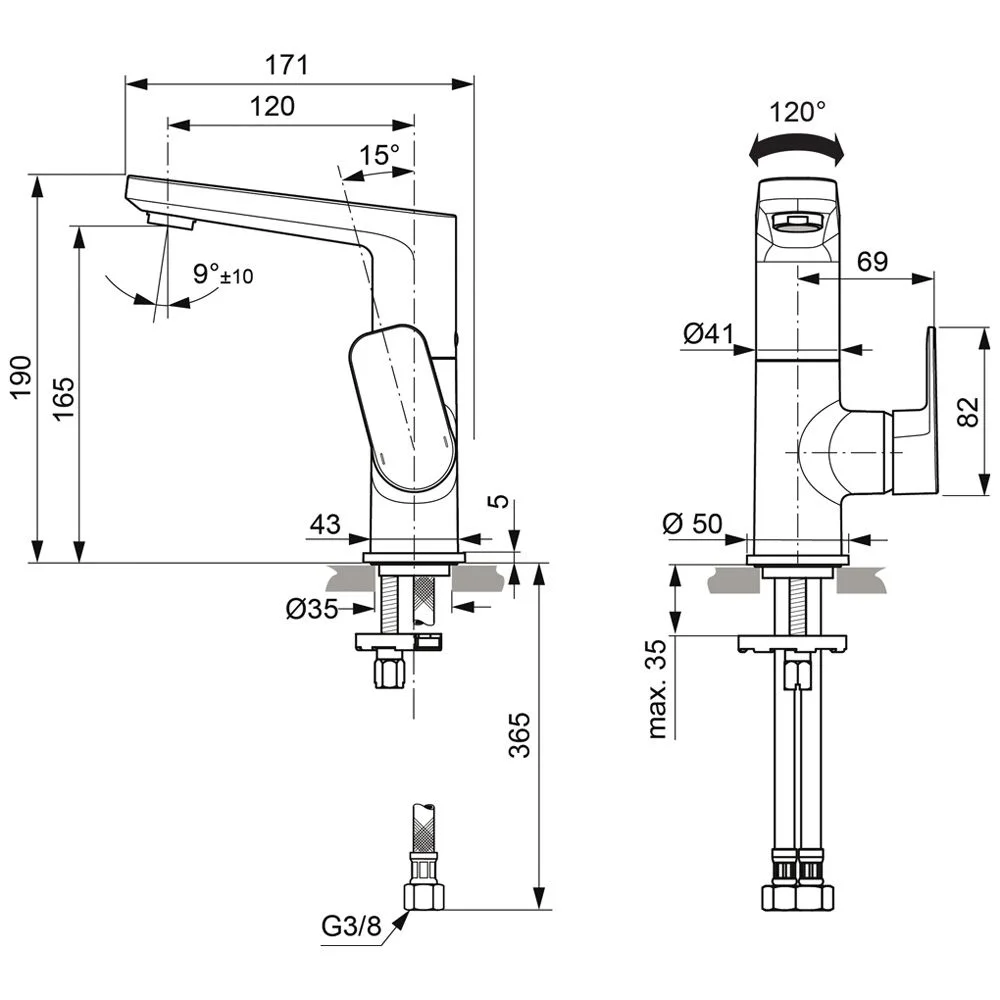 Rysunek techniczny baterii z wymiarami, Ideal Standard