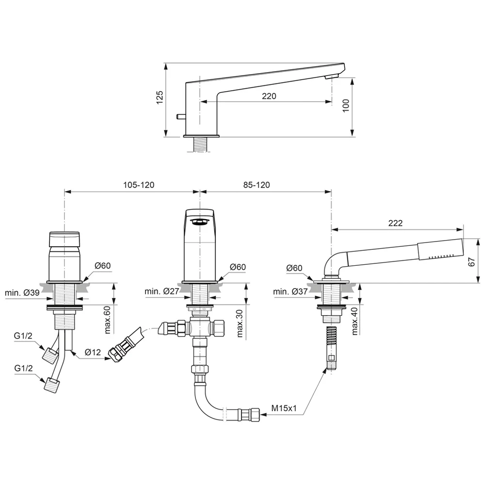 Rysunek techniczny armatury z wymiarami i połączeniami, Ideal Standard