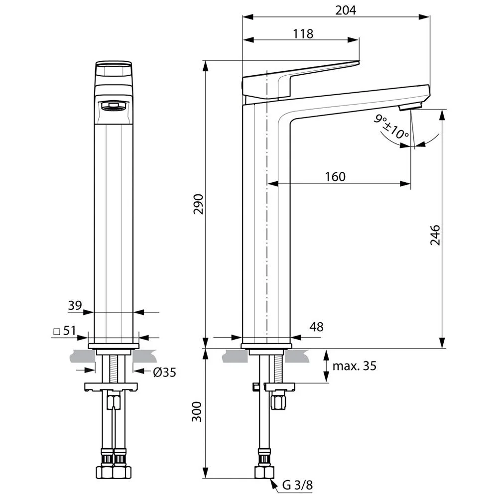 Rysunek techniczny baterii z wymiarami, Ideal Standard