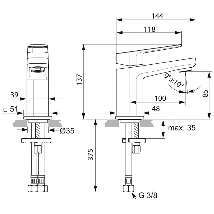 Rysunek techniczny baterii z wymiarami, Ideal Standard