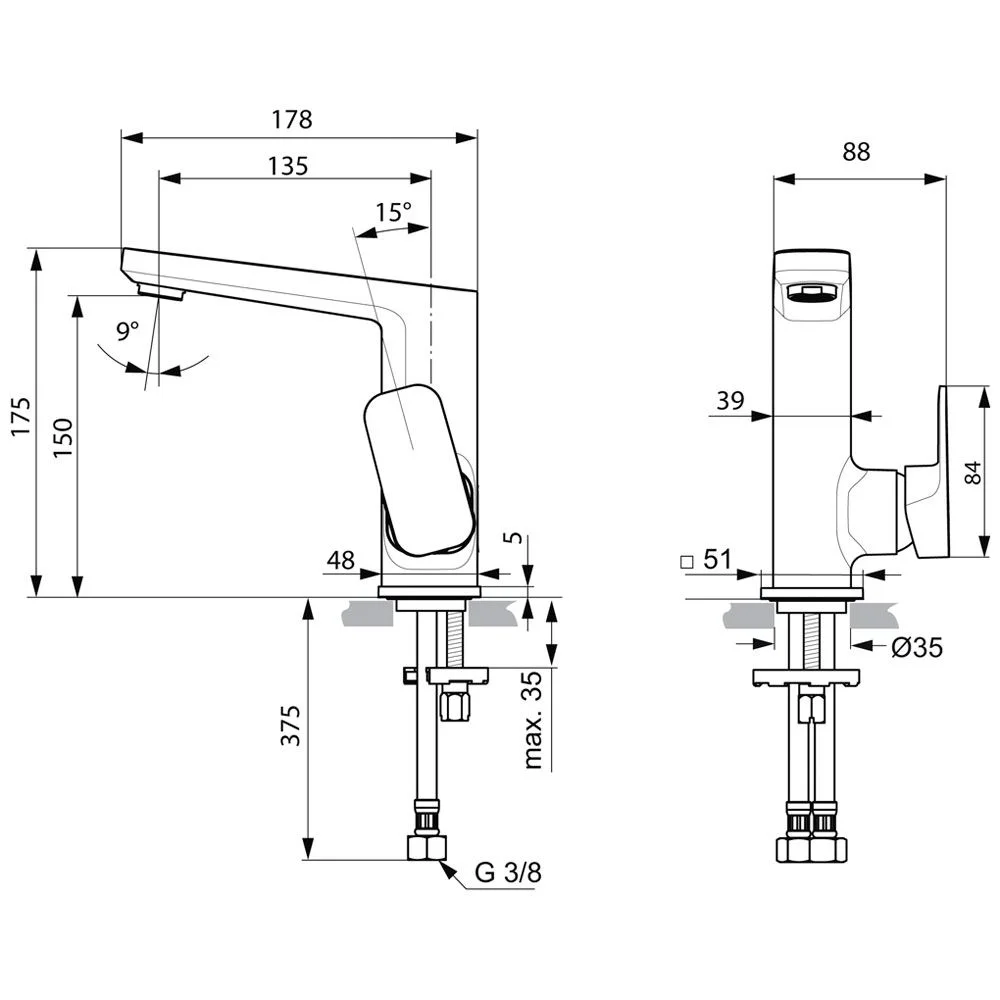 Rysunek techniczny baterii z wymiarami, Ideal Standard