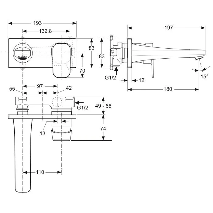 Rysunek techniczny baterii z wymiarami, Ideal Standard