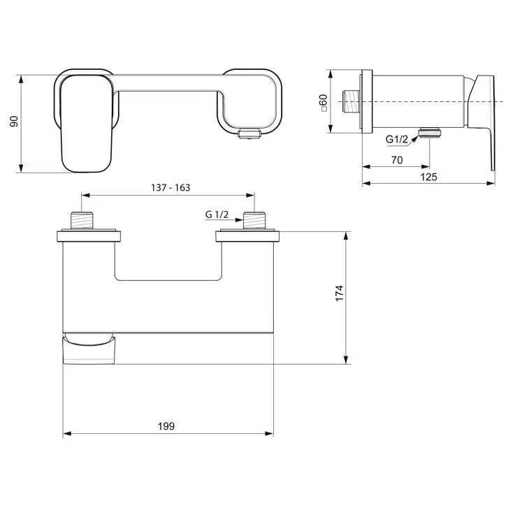 Rysunek techniczny baterii z wymiarami, Ideal Standard