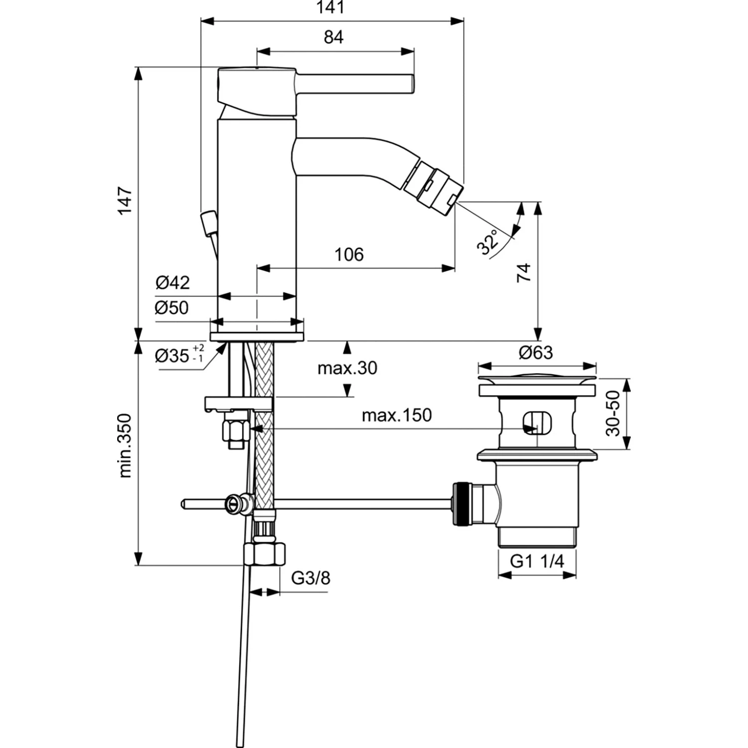 Ideal Standard Ceraline Bidetarmatur, mit Ablaufgarnitur Bild 5