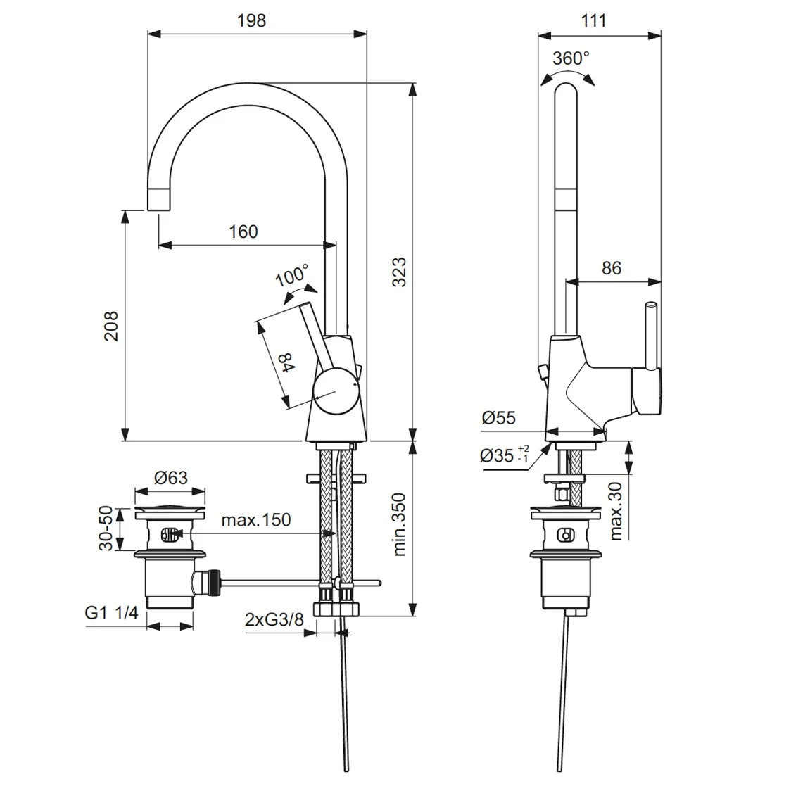 Rysunek techniczny baterii umywalkowej z wymiarami, Ideal Standard
