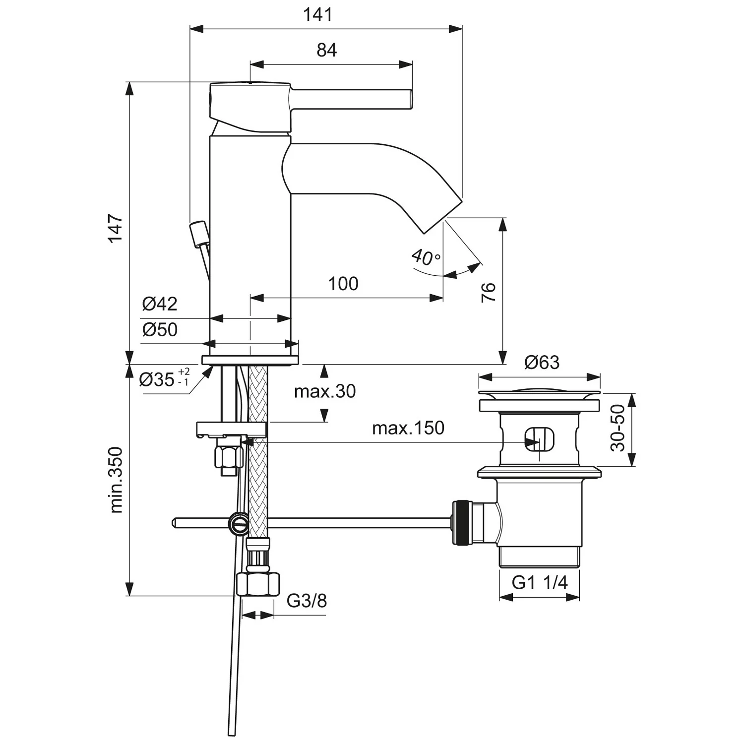 Rysunek techniczny baterii umywalkowej z wymiarami, Ideal Standard
