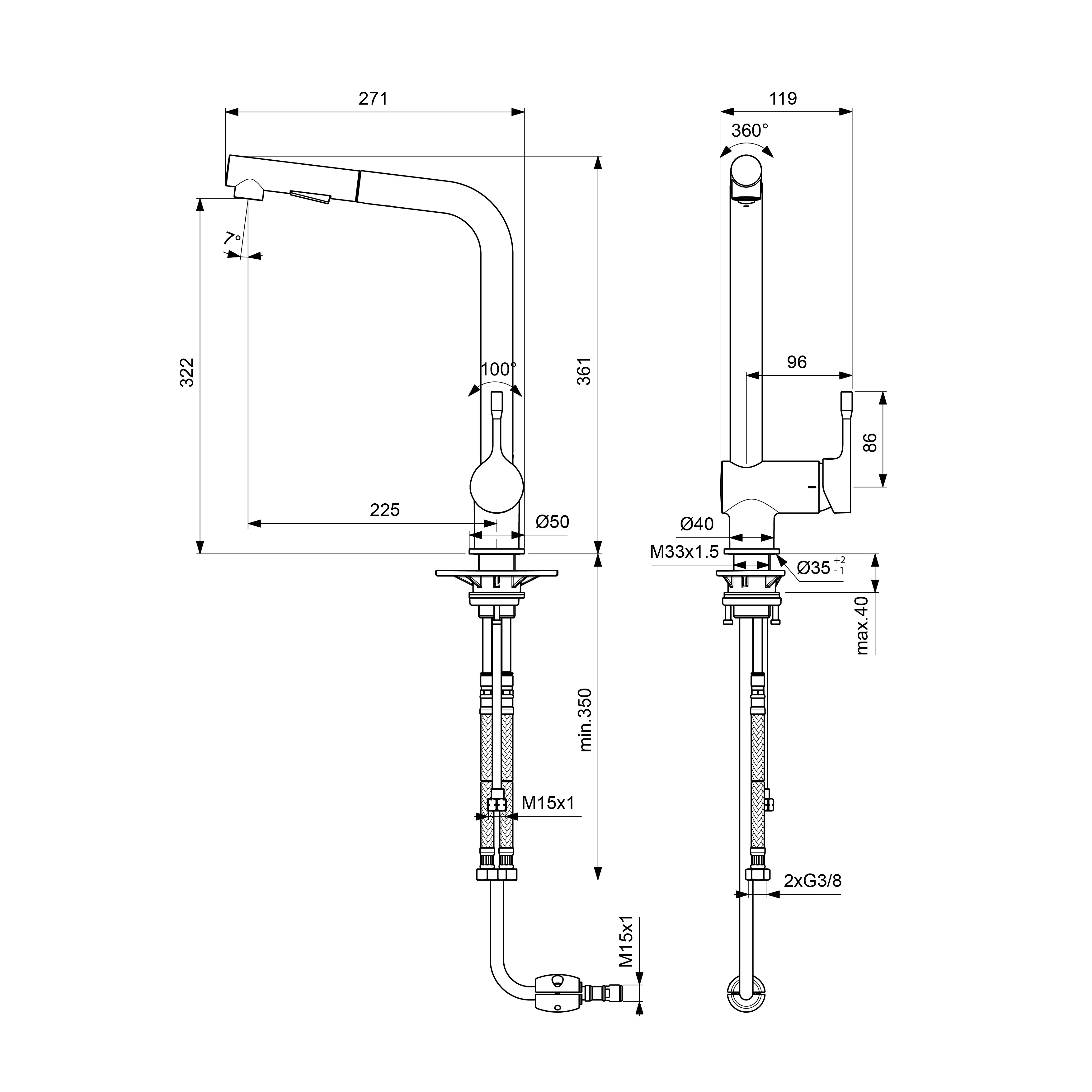 Rysunek techniczny baterii kuchennej z wymiarami, Ideal Standard