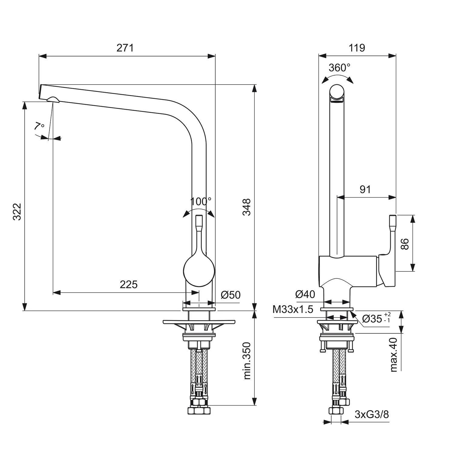 Rysunek techniczny baterii kuchennej z wymiarami, Ideal Standard