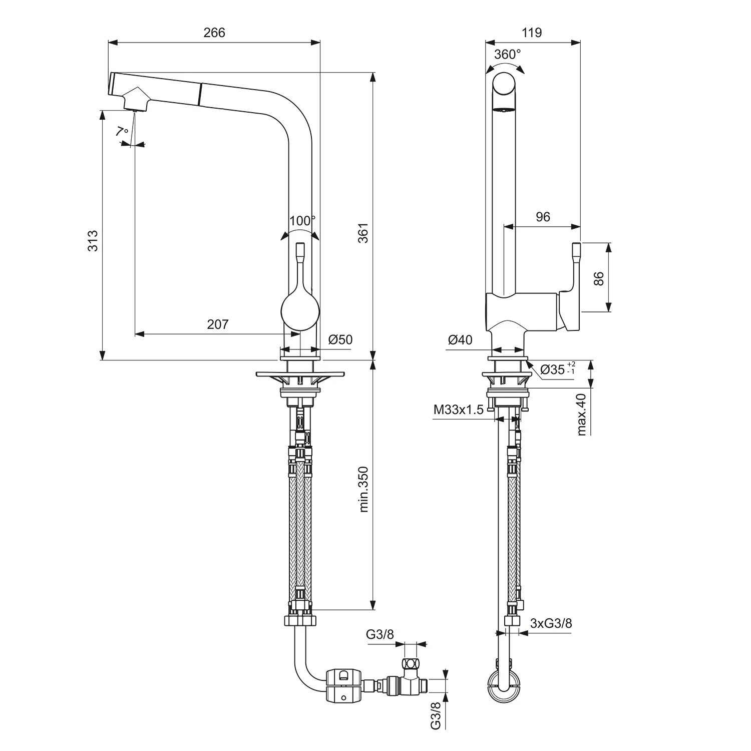 Rysunek techniczny baterii kuchennej z wymiarami, Ideal Standard