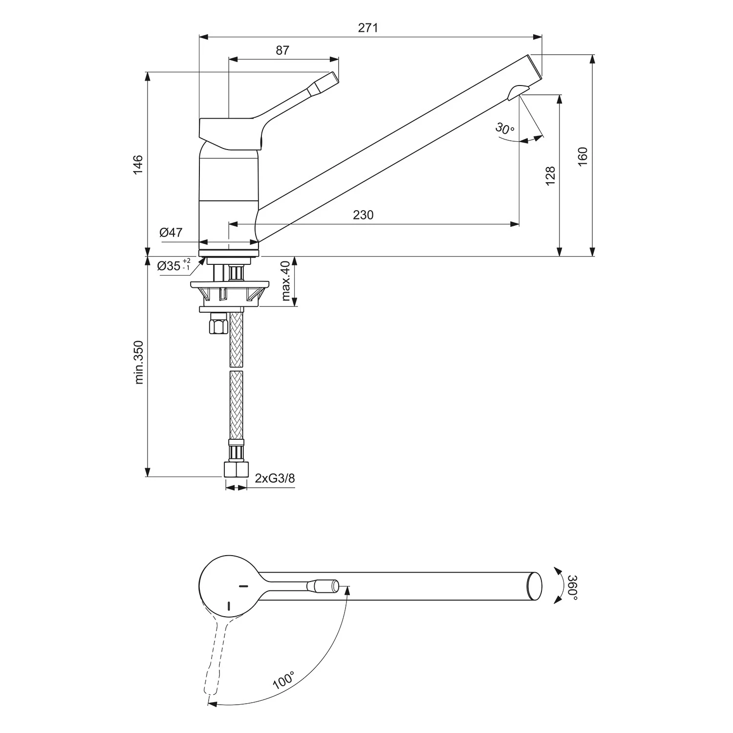 Rysunek techniczny baterii kuchennej z wymiarami, Ideal Standard