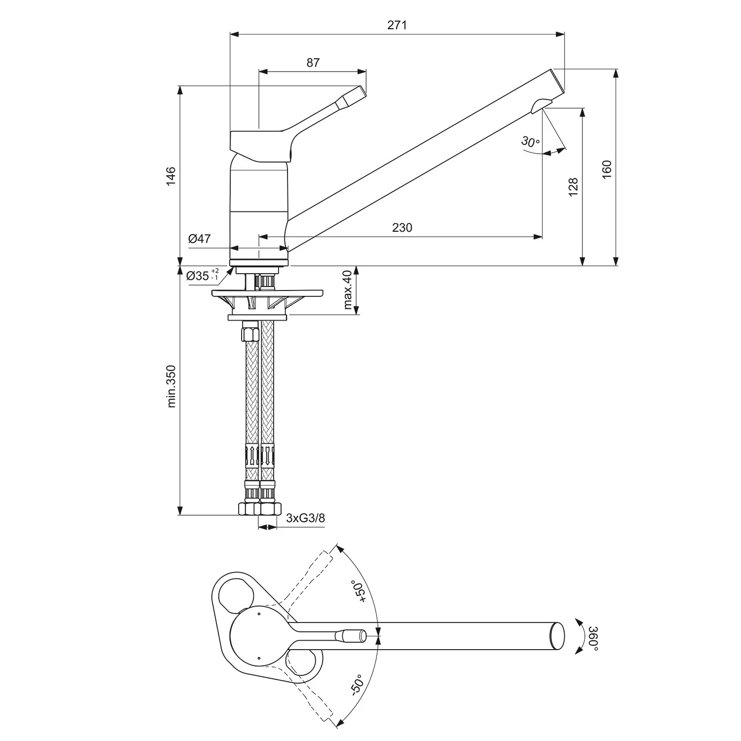 Rysunek techniczny baterii kuchennej, Ideal Standard