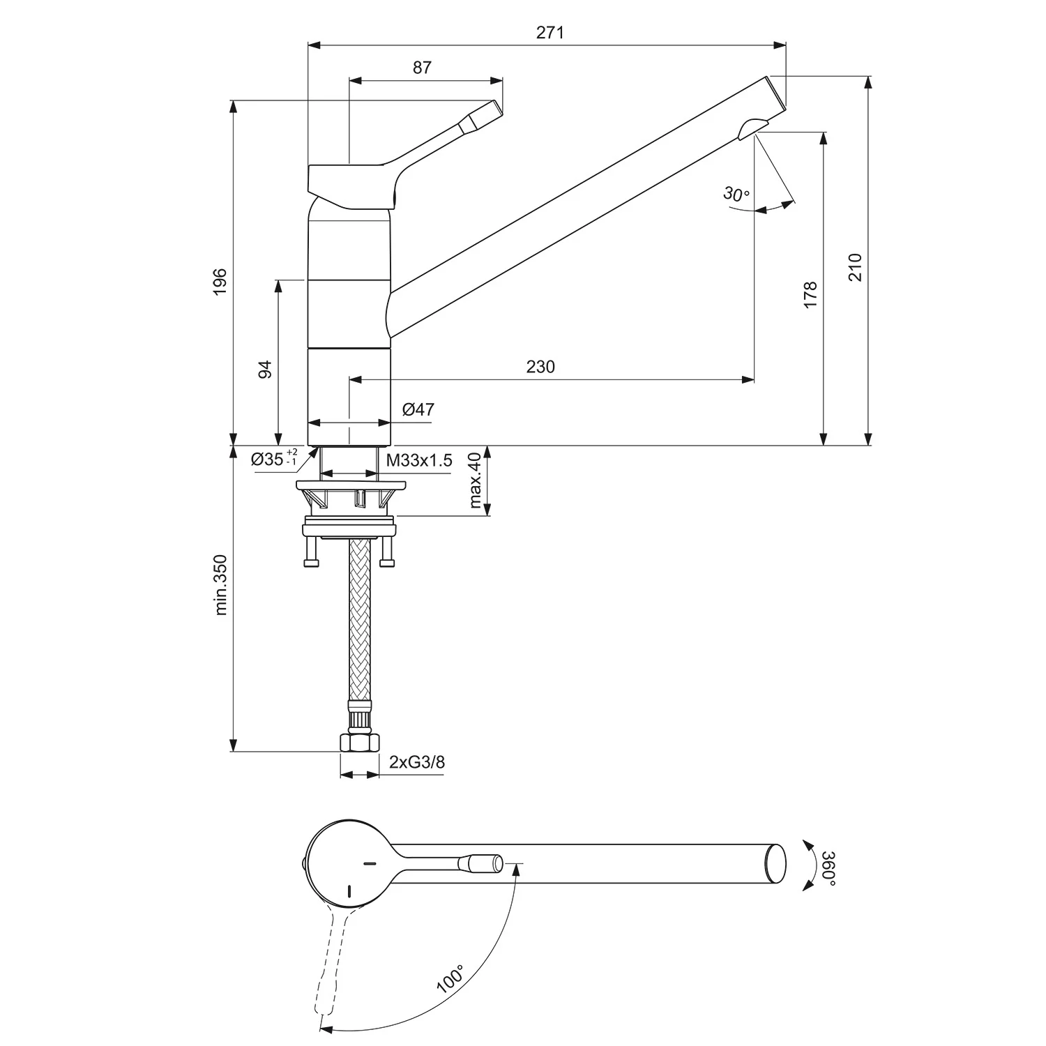 Rysunek techniczny baterii kuchennej z wymiarami, Ideal Standard