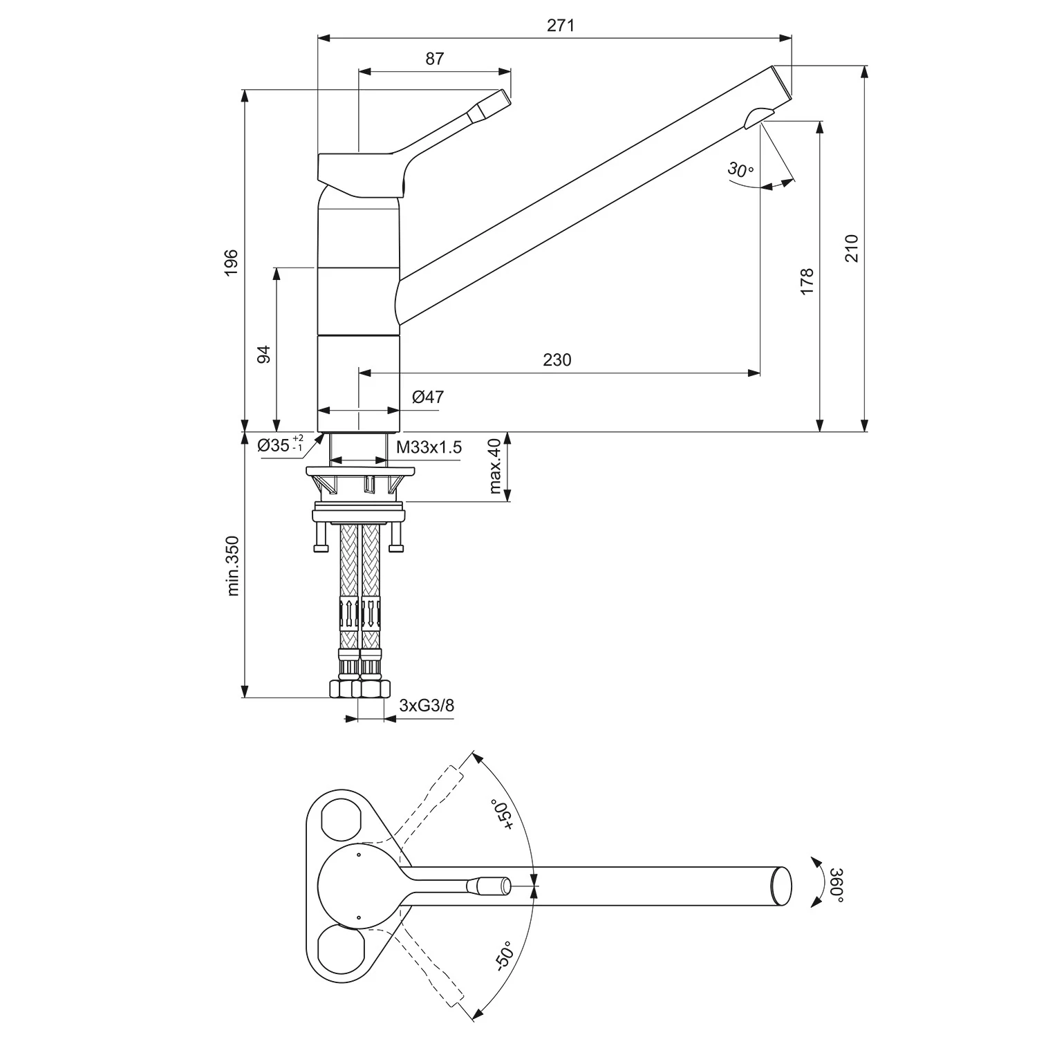 Rysunek techniczny baterii kuchennej z wymiarami, Ideal Standard