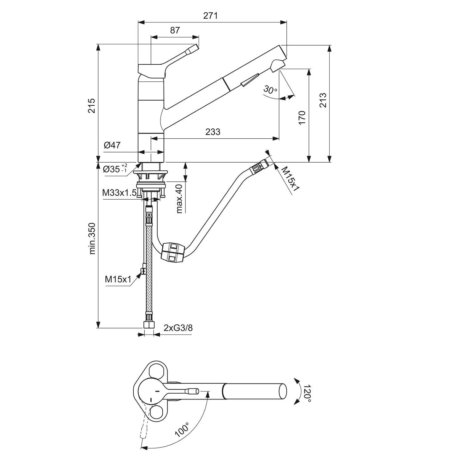 Rysunek techniczny baterii kuchennej z wymiarami, Ideal Standard