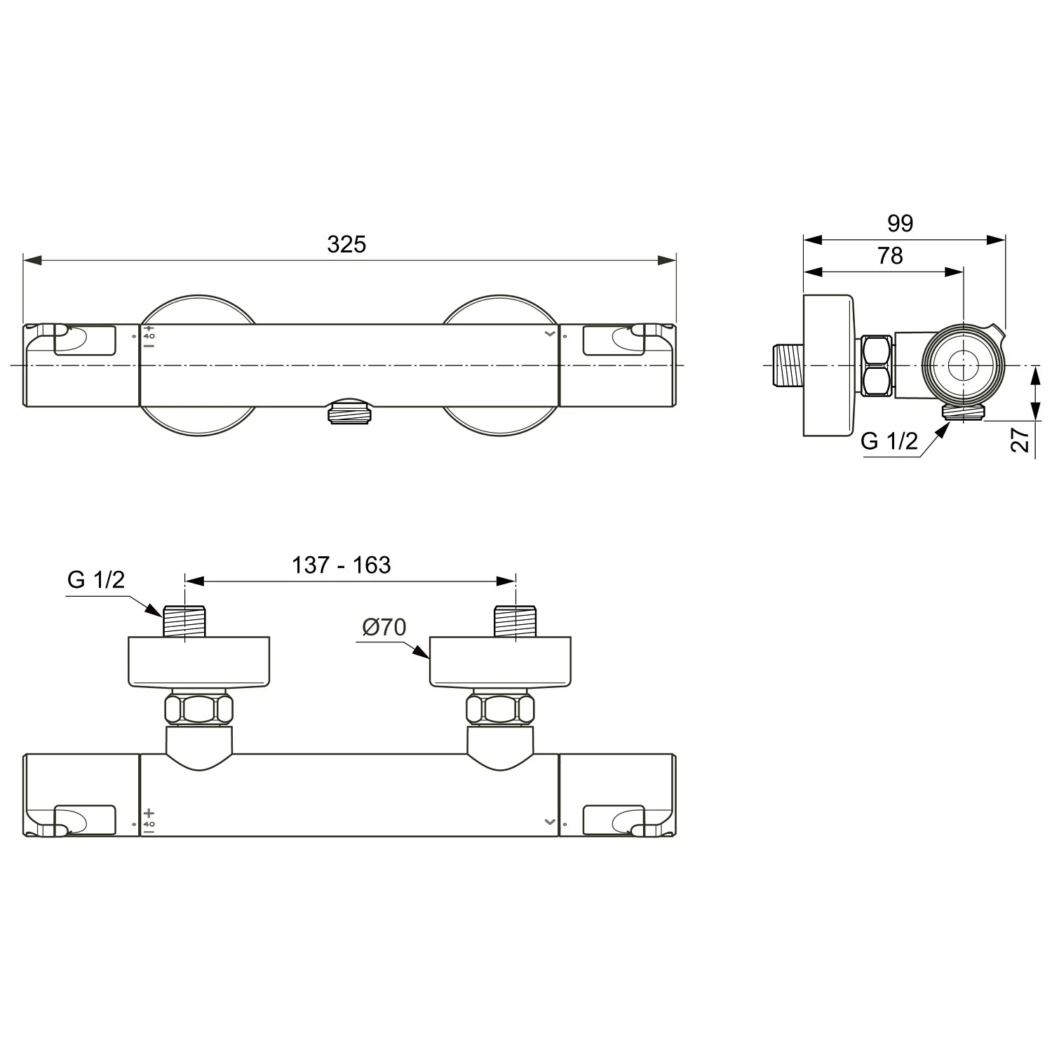 Rysunek techniczny baterii prysznicowej z wymiarami, Ideal Standard