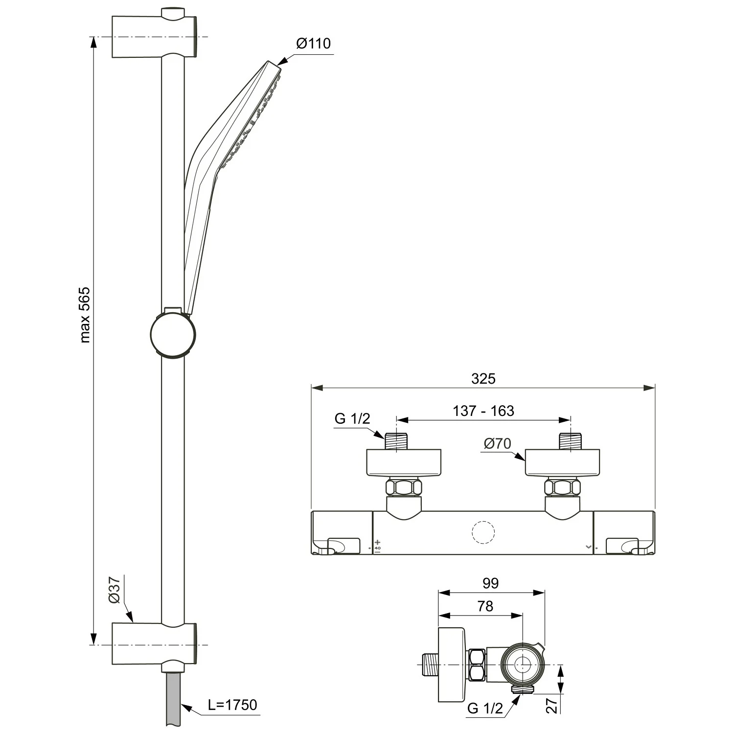 Rysunek techniczny systemu prysznicowego z wymiarami, Ideal Standard