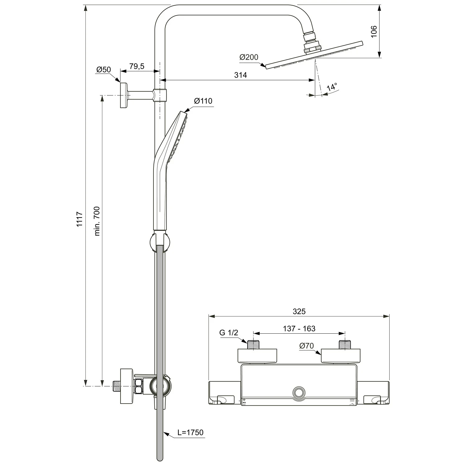 Rysunek techniczny systemu prysznicowego z wymiarami, Ideal Standard