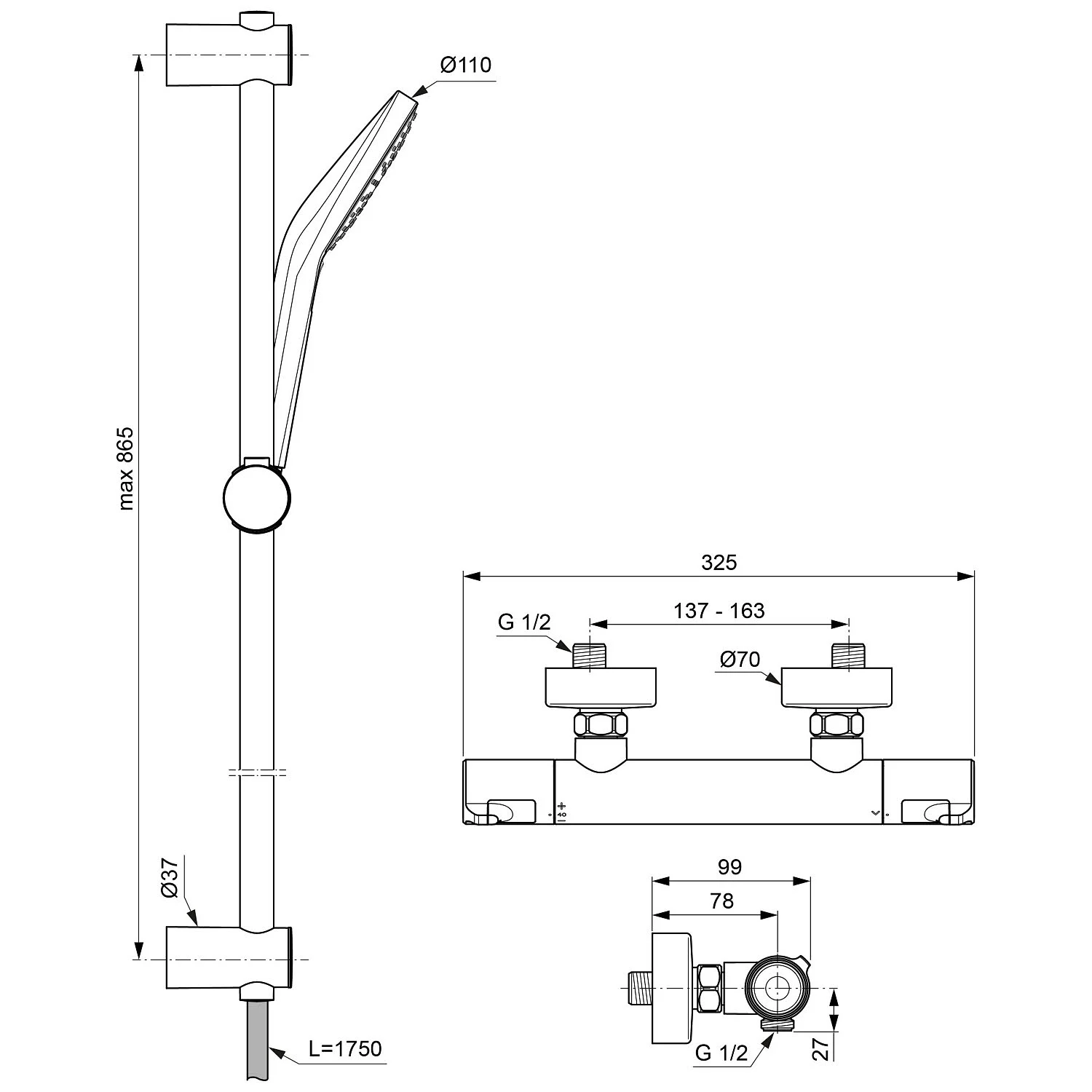 Rysunek techniczny armatury prysznicowej, Ideal Standard