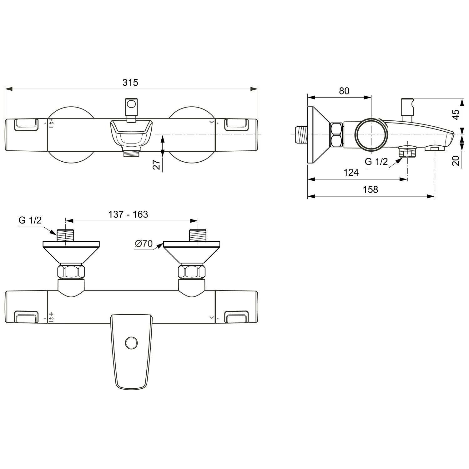 Rysunek techniczny baterii wannowej z wymiarami, Ideal Standard