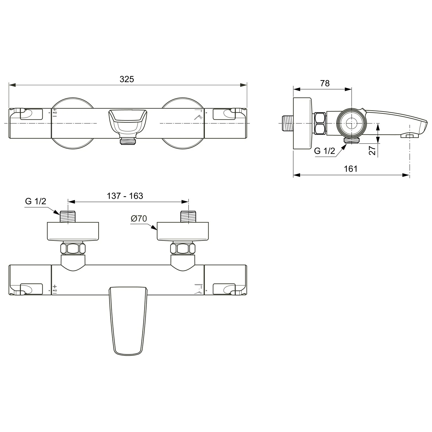 Rysunek techniczny baterii wannowej z wymiarami, Ideal Standard